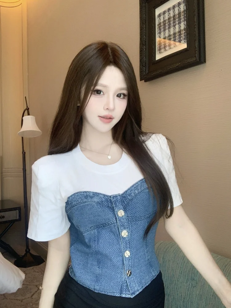 Retro High Waist Short Spliced Denim Shirt Summer New Korean Version Short Sleeve Design Sensation  Top Trendy Women's C...
