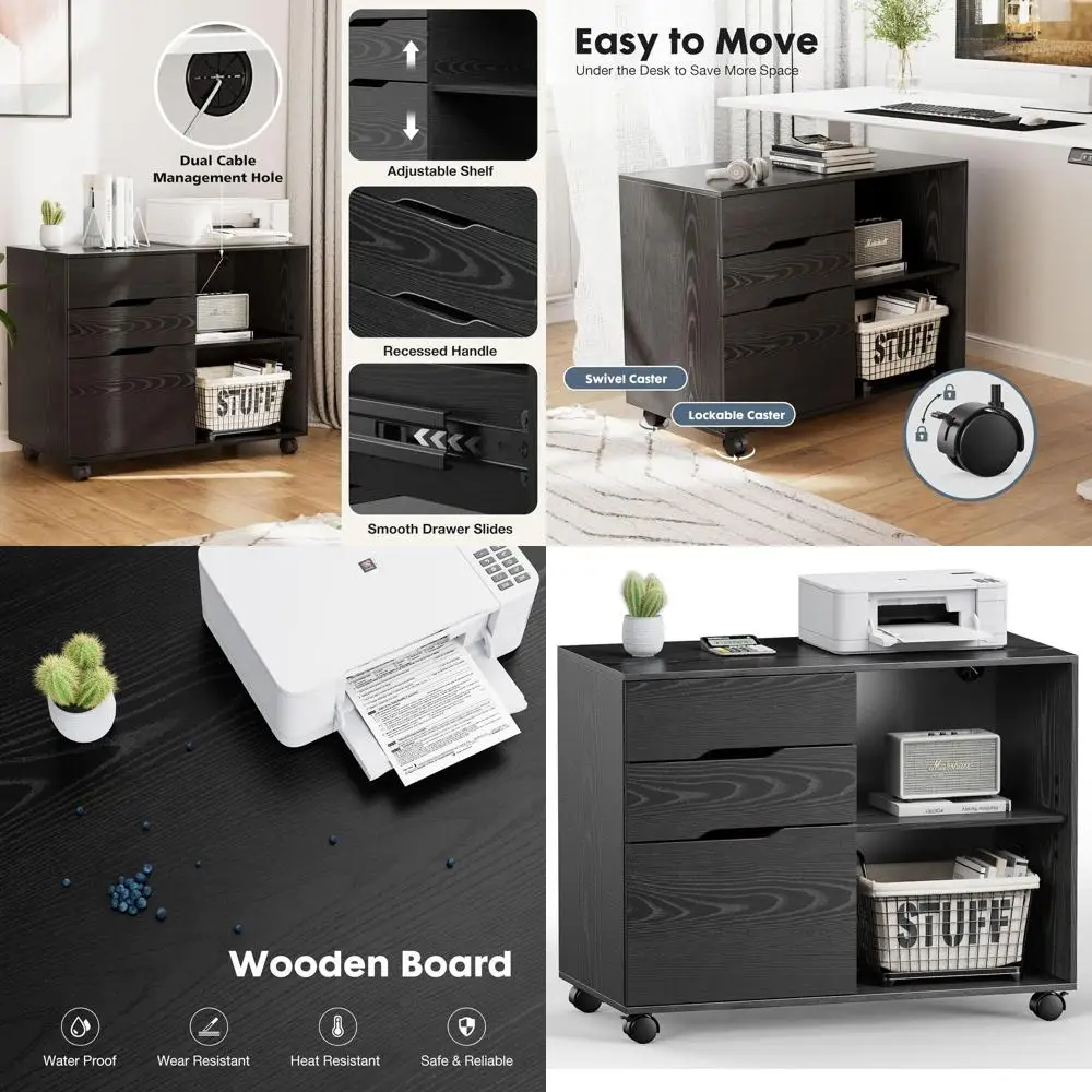 

3-Drawer Rolling Wood File Cabinet with Adjustable Shelf, Under-Desk Storage, Printer Stand, for Home/Office, Black