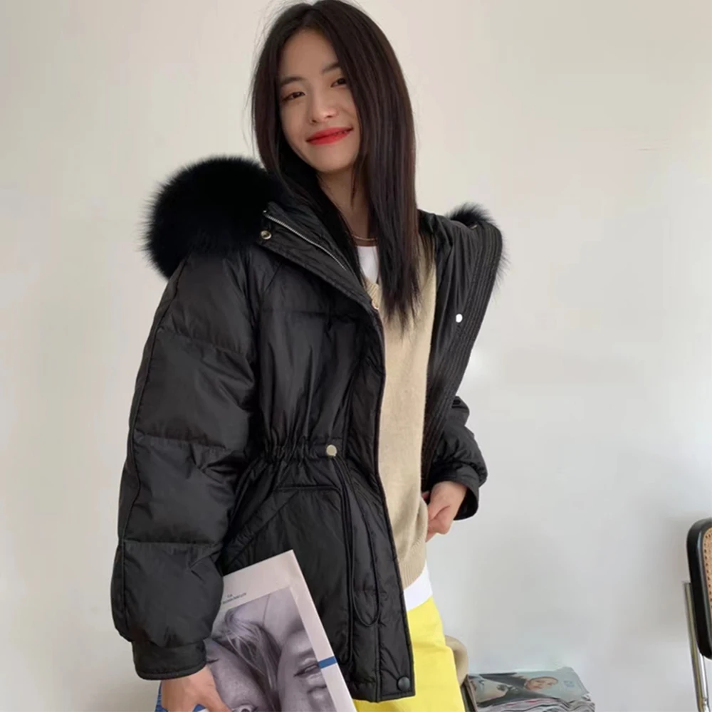 

Large Natural Fox Fur Hooded 90% White Duck Down Jacket Women Winter Thick Fashion Puffer Coat Female Thick Parkas