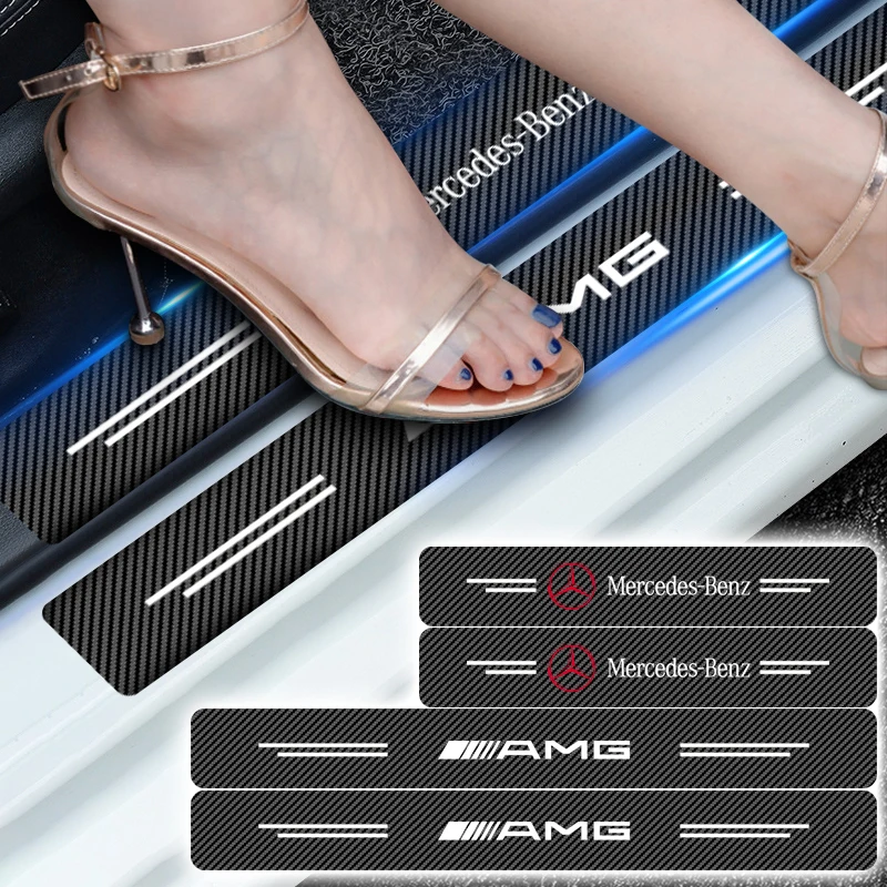 4Pcs AMG Emblem Carbon Fiber Car Door Sill Protection 3D Sticker For Mercedes Benz AMG W203 W206 W220 W205 W211 W212 W201 W210