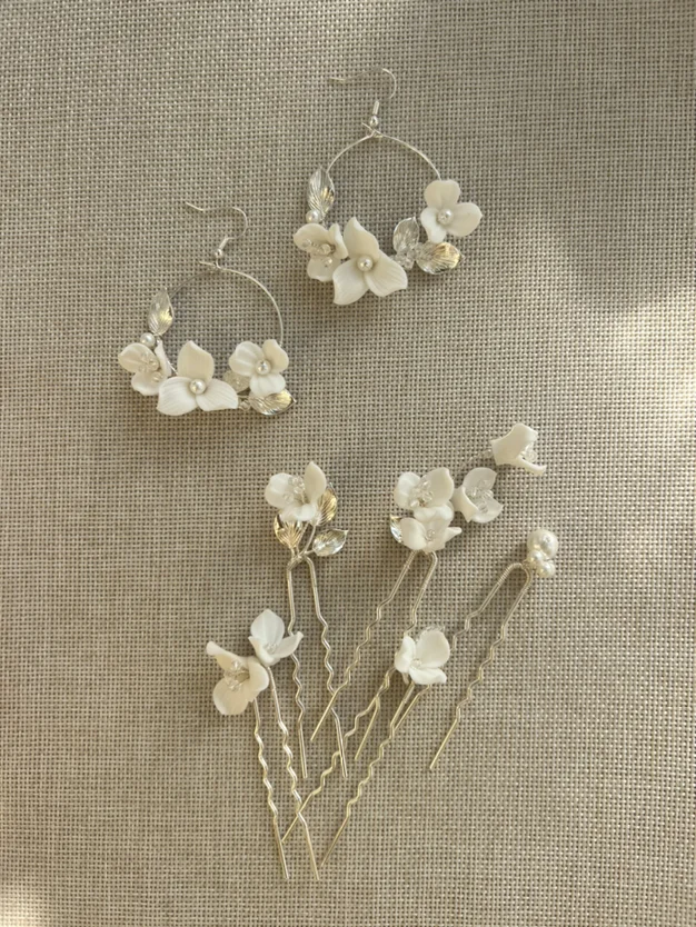 SLBRIDAL Handmade Alloy Clay Flower Pearls Bridal Hair Pin Earrings Wedding Headpieces Women Girls Jewelry Hair Accessories