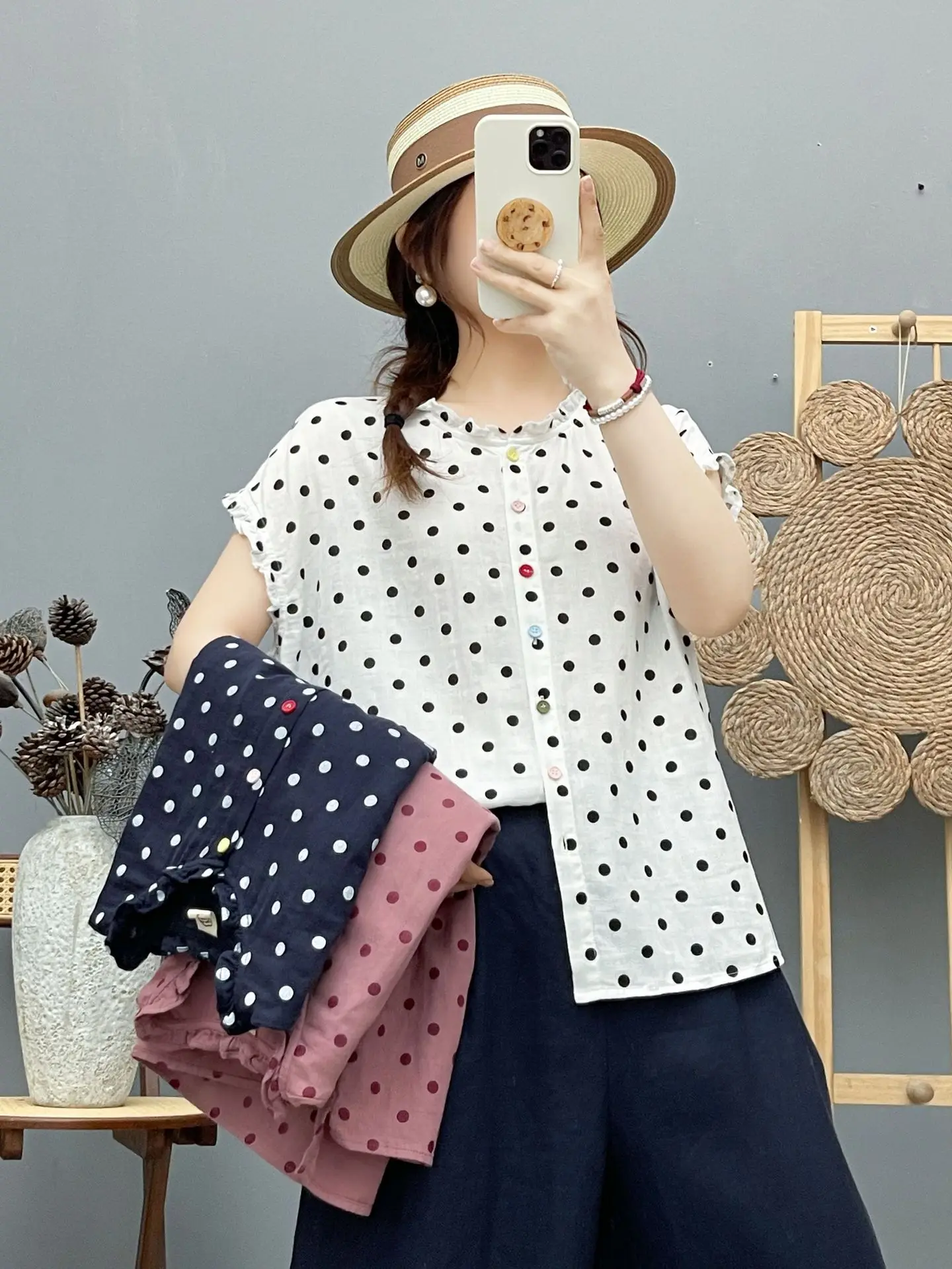 2026 Pure cotton yarn white pink navy blue polka dot print shirts and blouses for women summer Japanese style breathable tops