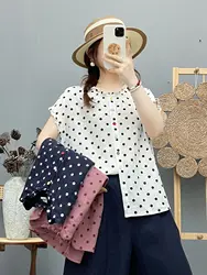 2026 Pure cotton yarn white pink navy blue polka dot print shirts and blouses for women summer Japanese style breathable tops