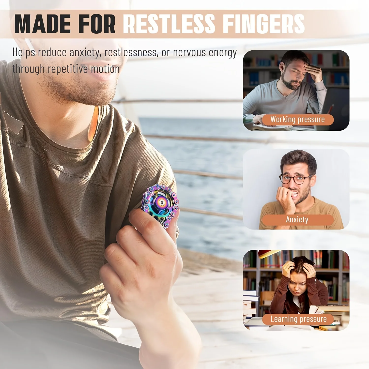 カラフルな自転車チェーンフィジェットスピナー 静音CNC加工ステンレススチールギア デスクトップトイ 大人用リラックス＆集中ツール