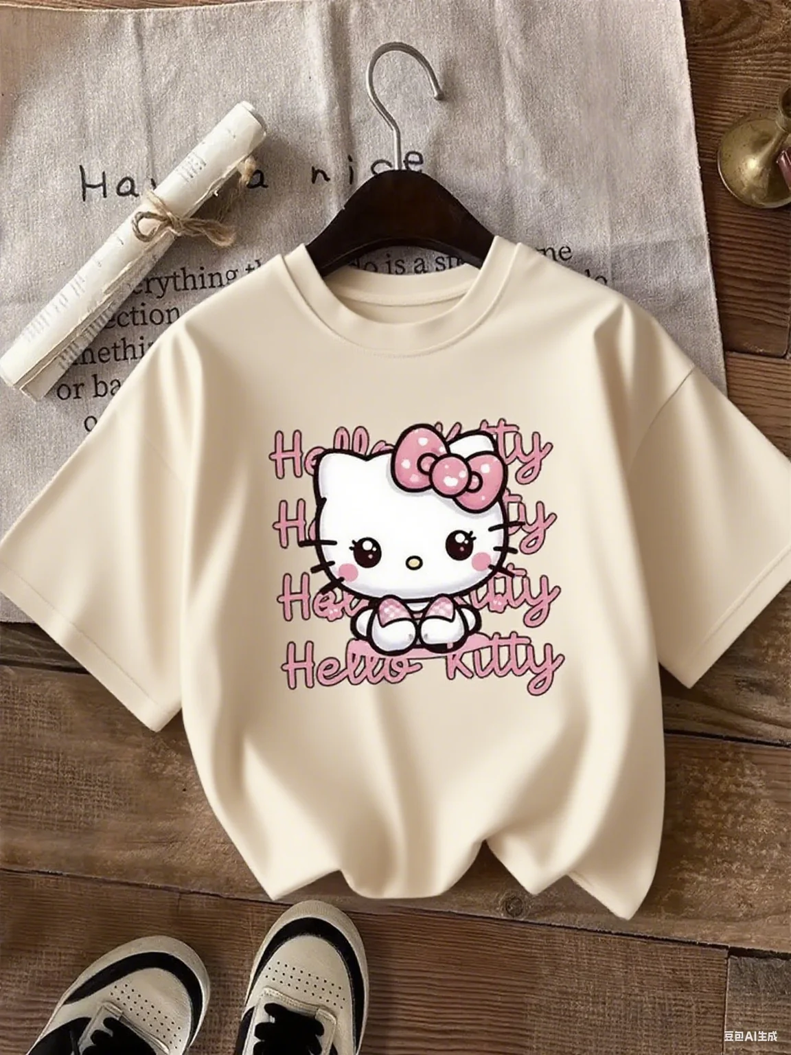 

Adorable Hello Kitty Text Pattern Cotton Tee Printed Brand Pure Cotton T-shirt Short Sleeve Unisex Round Neck Versatile