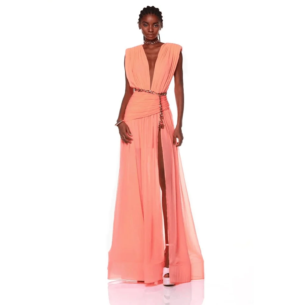 Modern Style Evening Dresses V Neck Sleeveless High Quality Banquet Celebrity A Line Floor Length Sweep Train Female Gowns