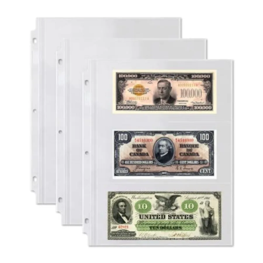 

Binder Currency Sleeves for Collectors - Acid-Free 3-Pocket Clear Plastic Refill Pages for Currency Collection Aum 3-Ring Binde