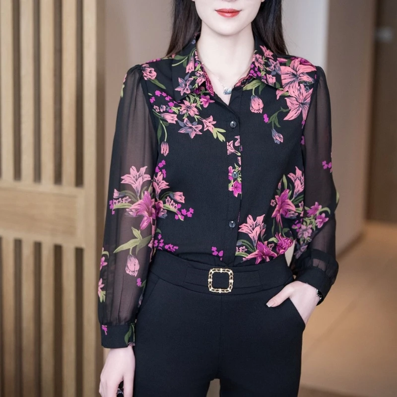 2024 New Spring and Autumn Fashion Elegant Versatile Polo Collar Printed Flower Chiffon Button Long Sleeved Women\'s Shirt Top