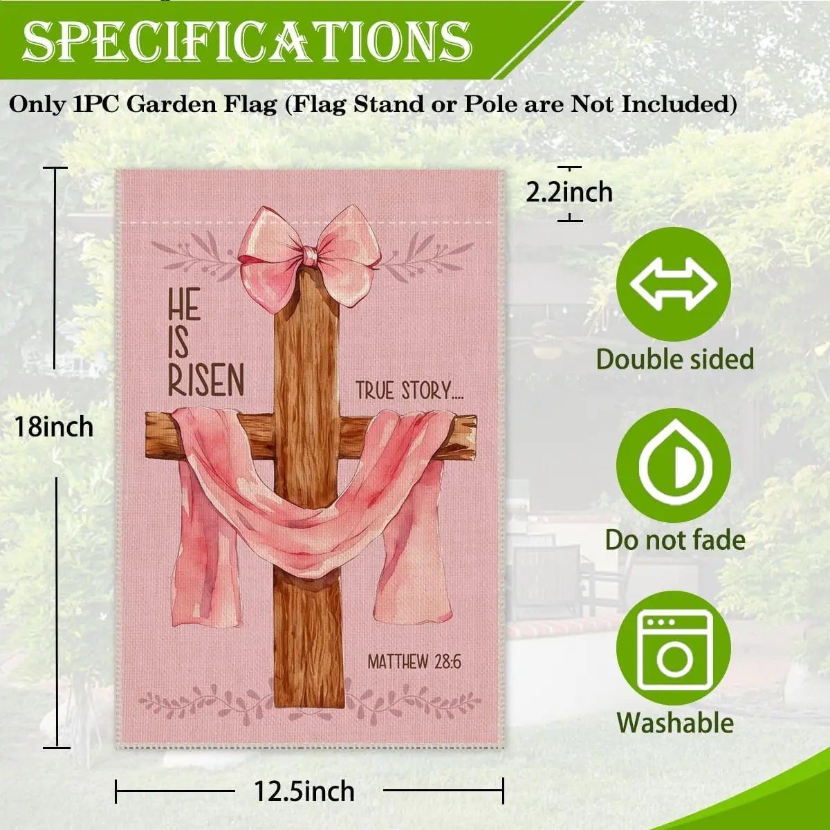 He Is Risen True Story Matthew 28:6 Garden Flag, 12x18 Inch Double Sided Watercolor Cross Holiday Yard Garden Lawn Patio