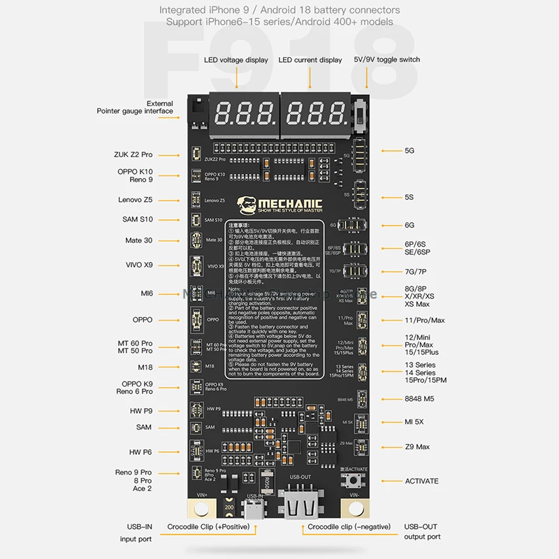 MECHANIC F918 Battery Activation Detection Board One Click Activation of Battery Supported IP 6-15 Android Models Battery Repair