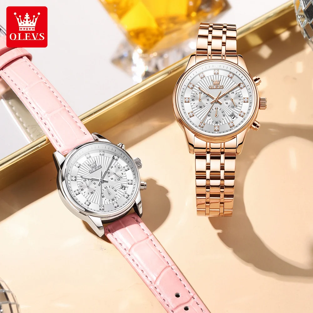 OLEVS 3669 Women Watch Luxury Multifunctional Chronograph Quartz Watch Waterproof Luminous Ladies Watch Box Gifts Bracelet Set