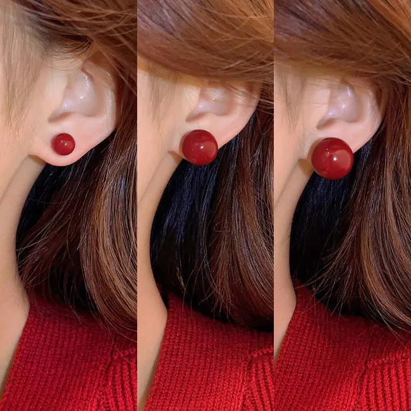 Pendientes redondos de perlas rojas Vintage para mujer, pendientes coreanos de temperamento de perlas de imitación dulces, regalos de joyería para fiesta y boda