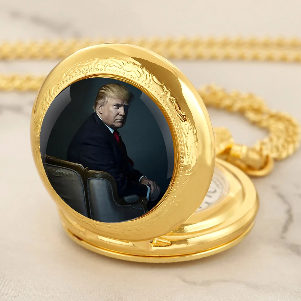 Trump Design Glass Dome Gold Quartz Pocket Watch Women Men Necklace Unique Pendant Clock Watch Jewelry Gift Accessories