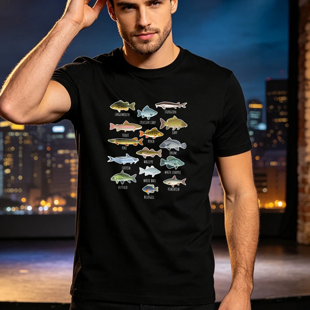 Freshwater Fish Species Chart Graphic T Shirt Angler Fishing Print Men's Tee Cotton Short Sleeve Outdoor Fisherman Hobby Tops