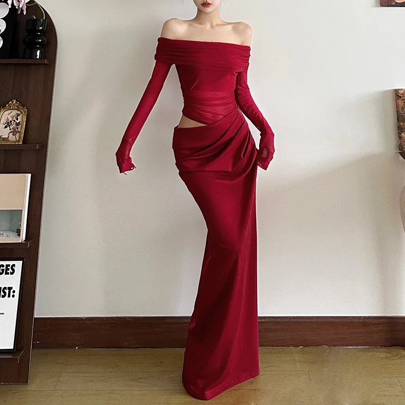 

Ruched Irregular Dress Women Mesh Patchwork Slash Neck Skinny Stretch Evening Dresses Trend Elegant Long Bodycon Outfits 롱원피스