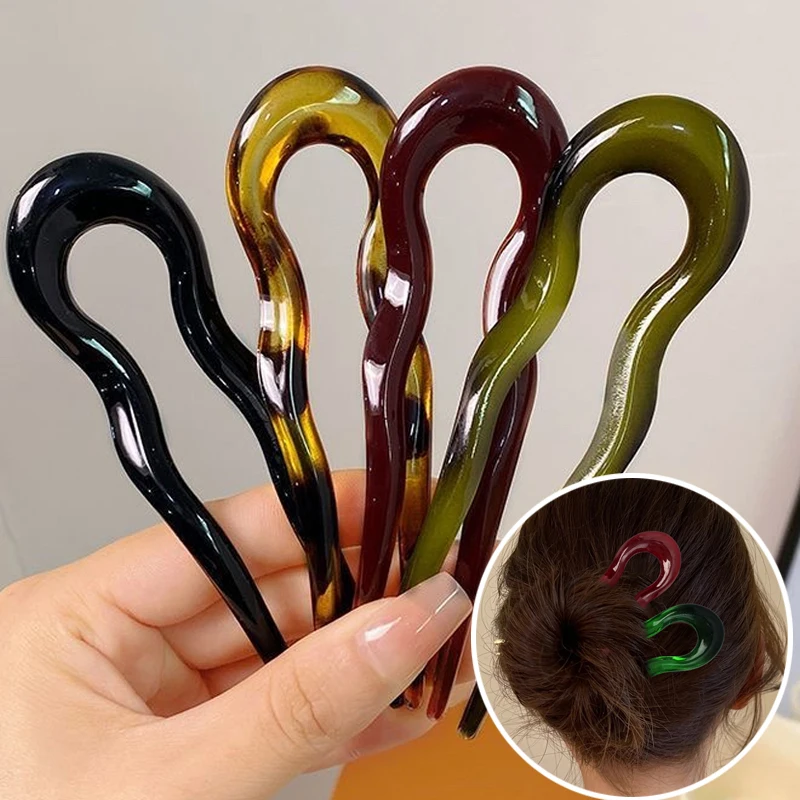 French Twist Hair Stick Hair Clip Plastic U-Shaped Wavy Hairpin Vintage Tortoiseshell Women Hairpin Fashion Headwear Accessories