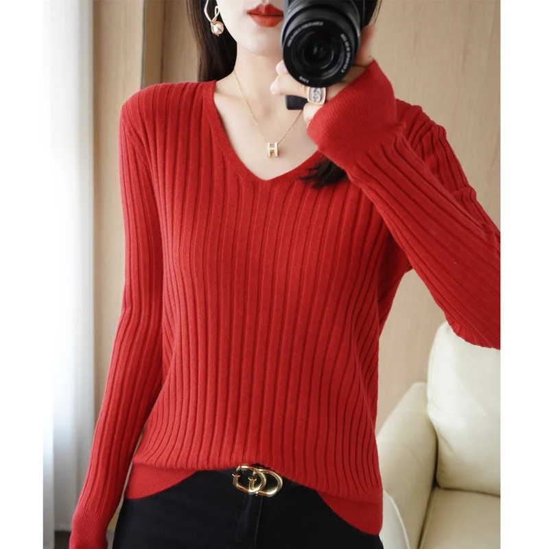 New Ladies Autumn Winter Wool Blend Sweater Casual V-Neck Pullover Vertical Striped Knitted Sweater Slim-Fit Commuter Tops