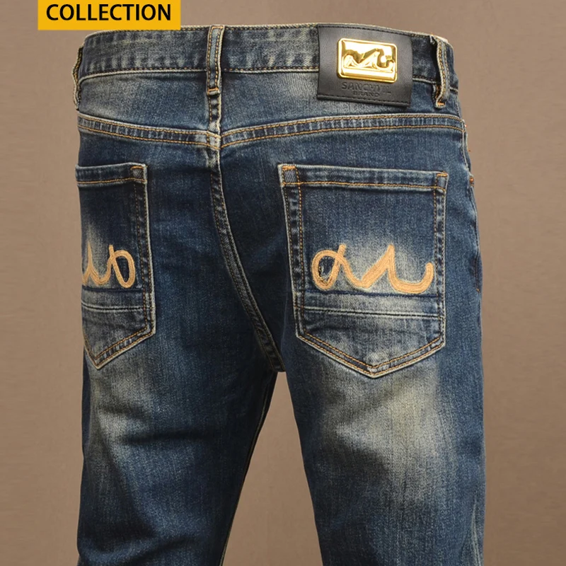 Newly Designer Fashion Men Jeans High Quality Retro Blue Stretch Slim Fit Vintage Jeans Men Embroidery Casual Denim Pants Hombre