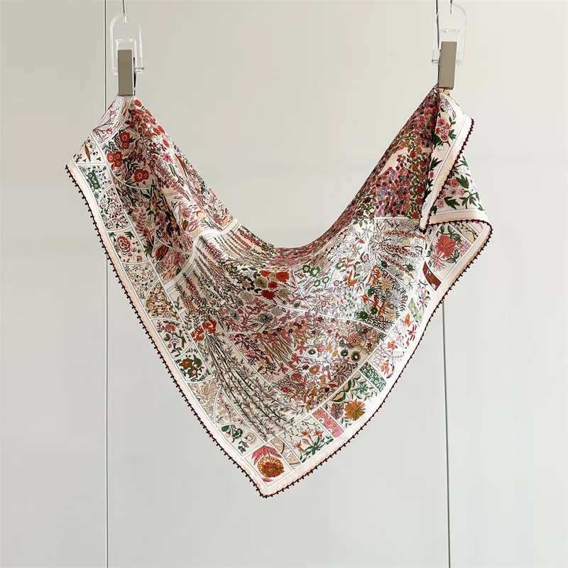 

100% Silk Floral Square Scarf Luxury Boho Botanical Print Neck Scarf Soft Neckerchief for Women Fashion Head Scarf