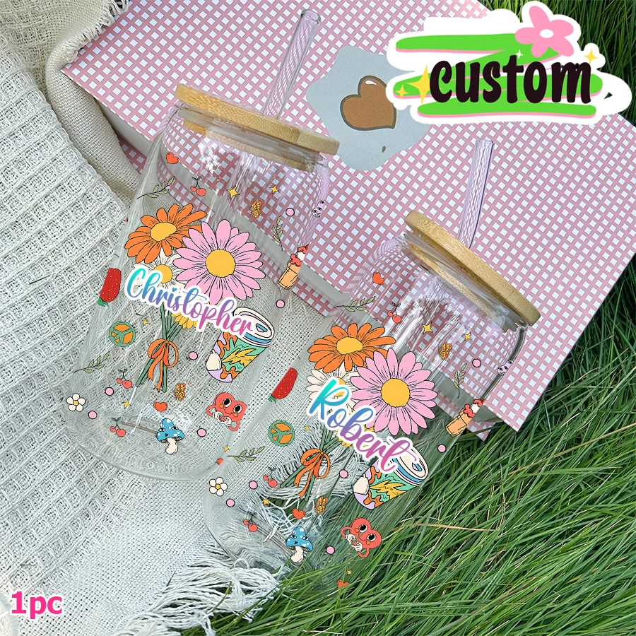 1pc Customized daisy flower strawberry Printed 16oz Glass Cup with Bamboo Lid&straw Drinkware Gifts for Birthday Back-to-School - view 4