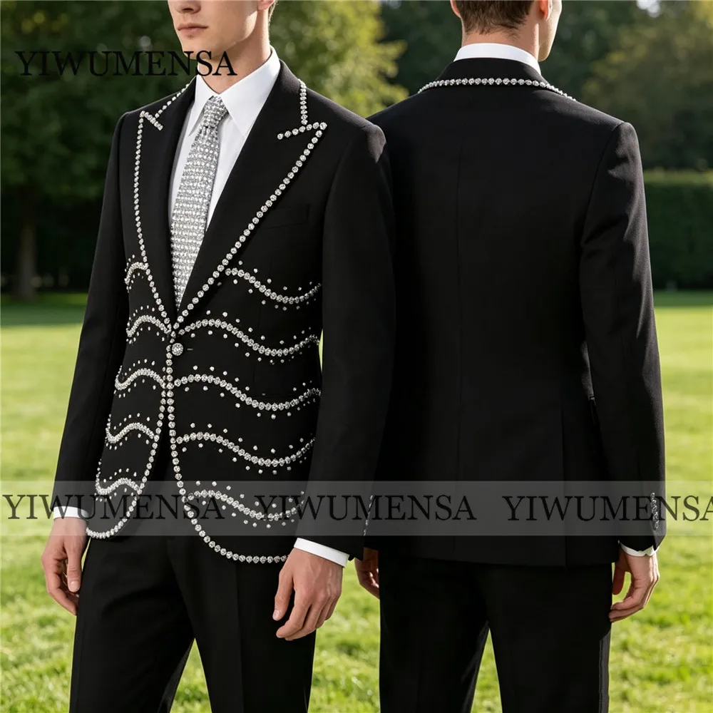 Exclusive Suits For Men 2 Piece Set Rhinestone Jacket Pants Customized Groom Formal Tuxedo Attire Slim Fit Trajes Para Hombre