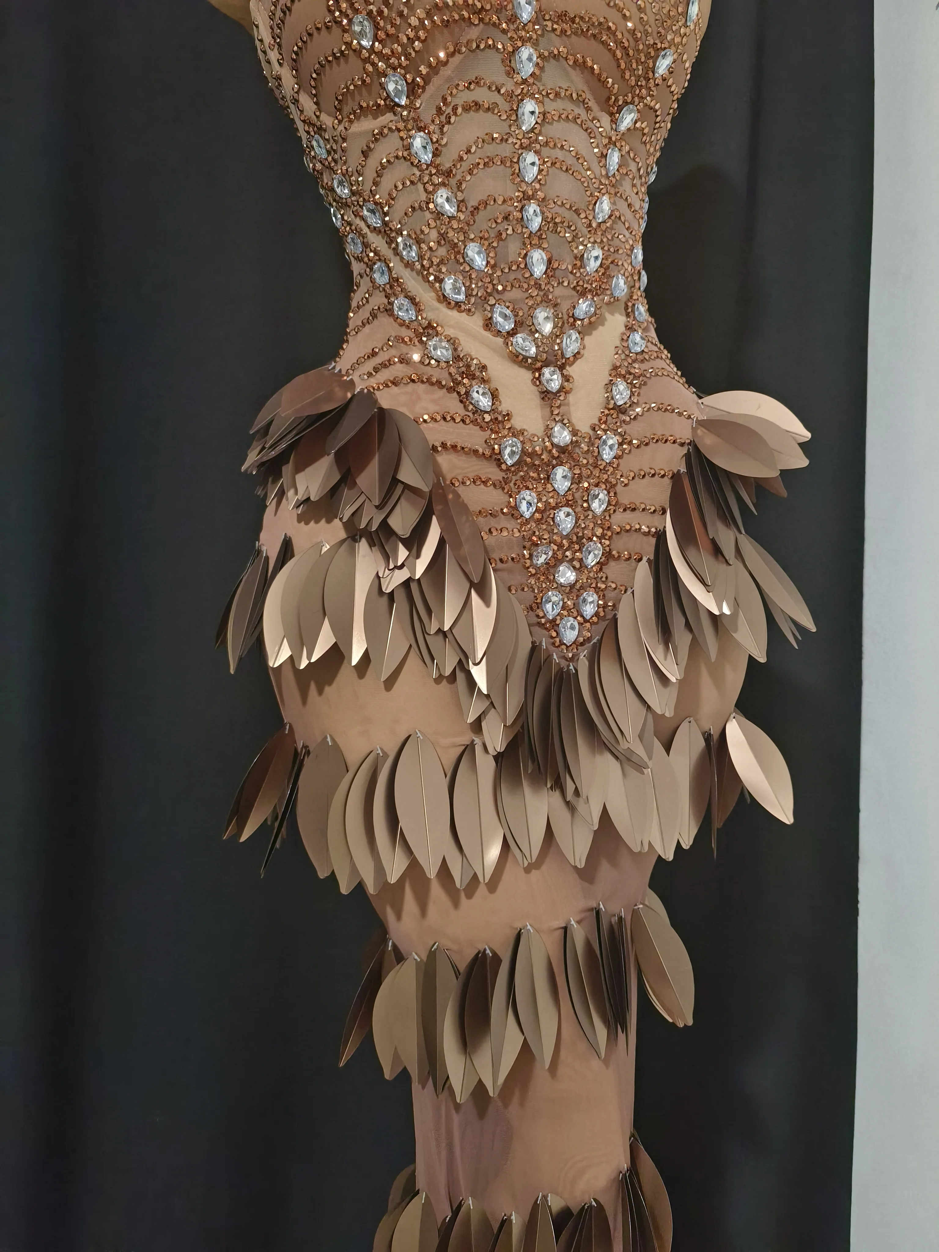 Sexy Sparkly Diamonds Leaf Strapless Mesh See Through Long Dress Birthday Evening Celebrate Party Nightclub Bar Show Stage Wear - Image 3