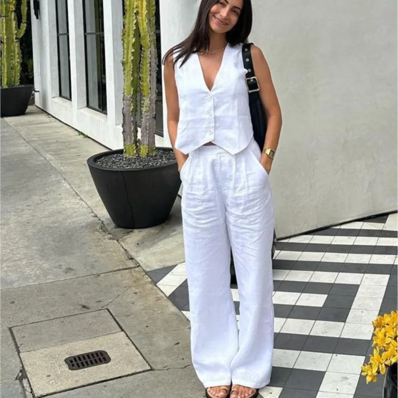 Summer White Linen Two Piece Set For Women 2024 Sleeveless Tank Top In Matching High Waist Wide Pants Set Office Ladies Outfits