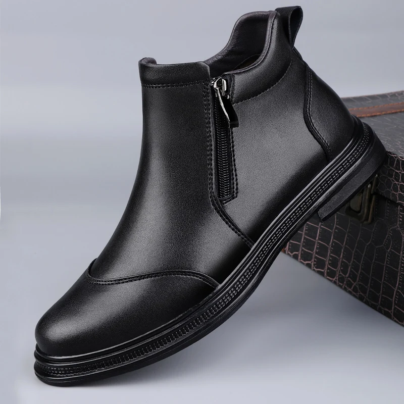

New Fashionable Plush Cotton Shoes Thick Soled Men's Leather Casual Shoes Durable High Quality Men's Office Business Boots