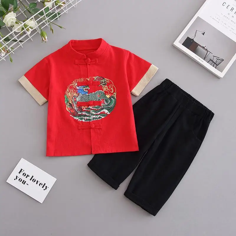 

18 Styles Vintage Cotton Linen Children's Dragon Embroidered Short Sleeved Tang Suit for Boys' Summer Kawaii Kung Fu Uniform