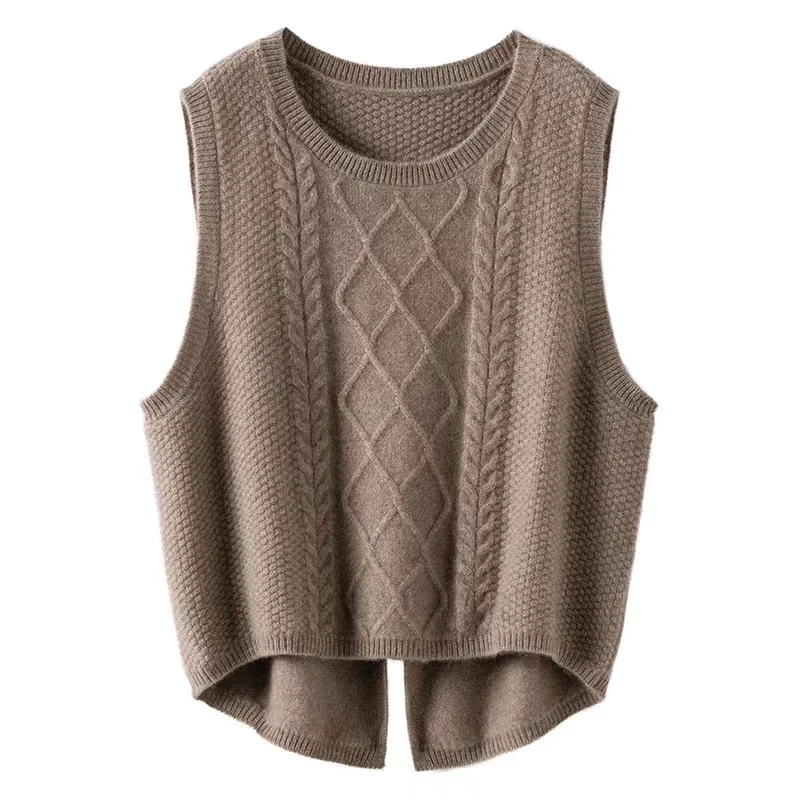 100% Merino Wool Vest Women's O-Neck Tank Tops Autumn and Winter New Twisted Knitted Cuff Shoulder Korean Fashion Warm Waistcoat