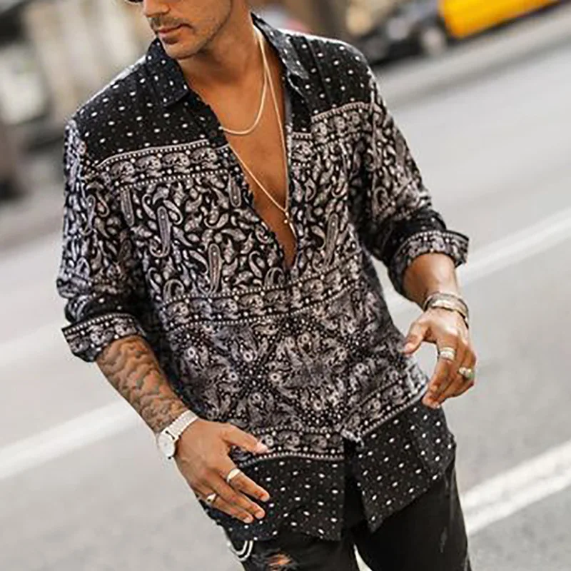 

Men's Street Elegant Natural 3D Printed Shirt Long Sleeve Lapel Simple Retro Hawaiian Vacation Casual Business Shirt Top 6XL