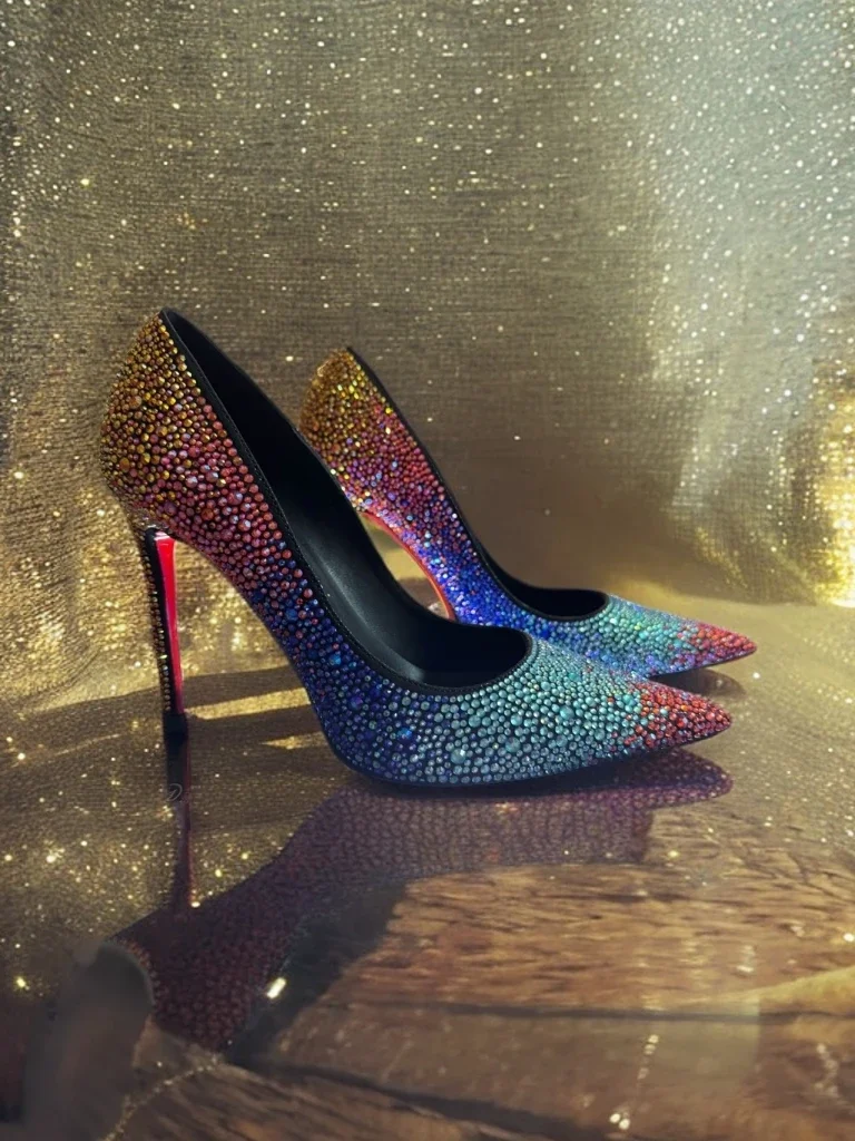 Women Full Diamond High Heel Pumps Rhinestone Pointed Toe Stiletto Heel Bling Bling Luxury Brand Colorful Crystal Wedding Shoes