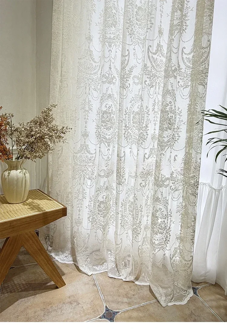 Custom Size European Fashion Elegant Sheer Curtain High Quality Spring Wire Base Lace Jacquard Curtain for Balcony Living Room