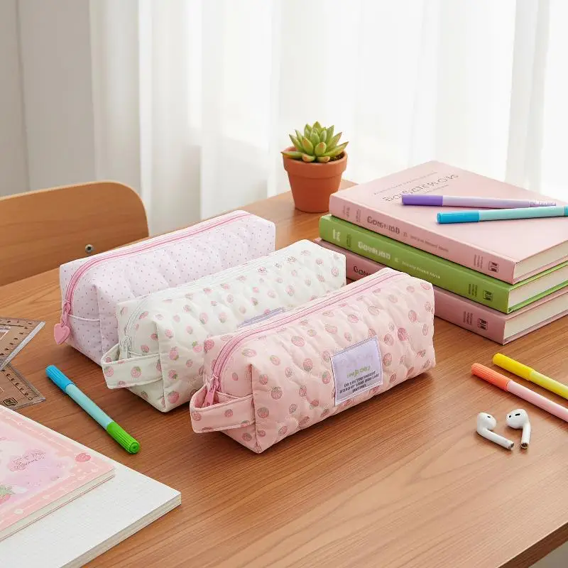 Strawberry Print Pencil Case Quilted Zipper Pouch With Handle Portable Stationery Organizer For School Office Travel Supplies