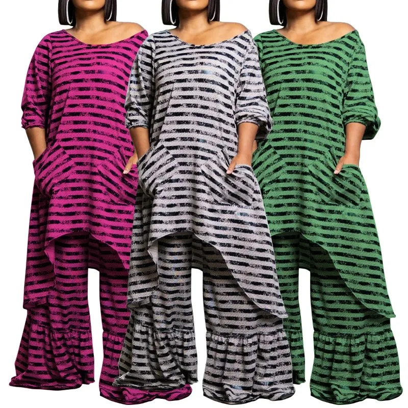 

Plus Size 2 Piece African Clothes for Women Autumn Fashion 3/4 Sleeve Top Long Pant Matching Sets Dashiki Africa Clothing XL-5XL