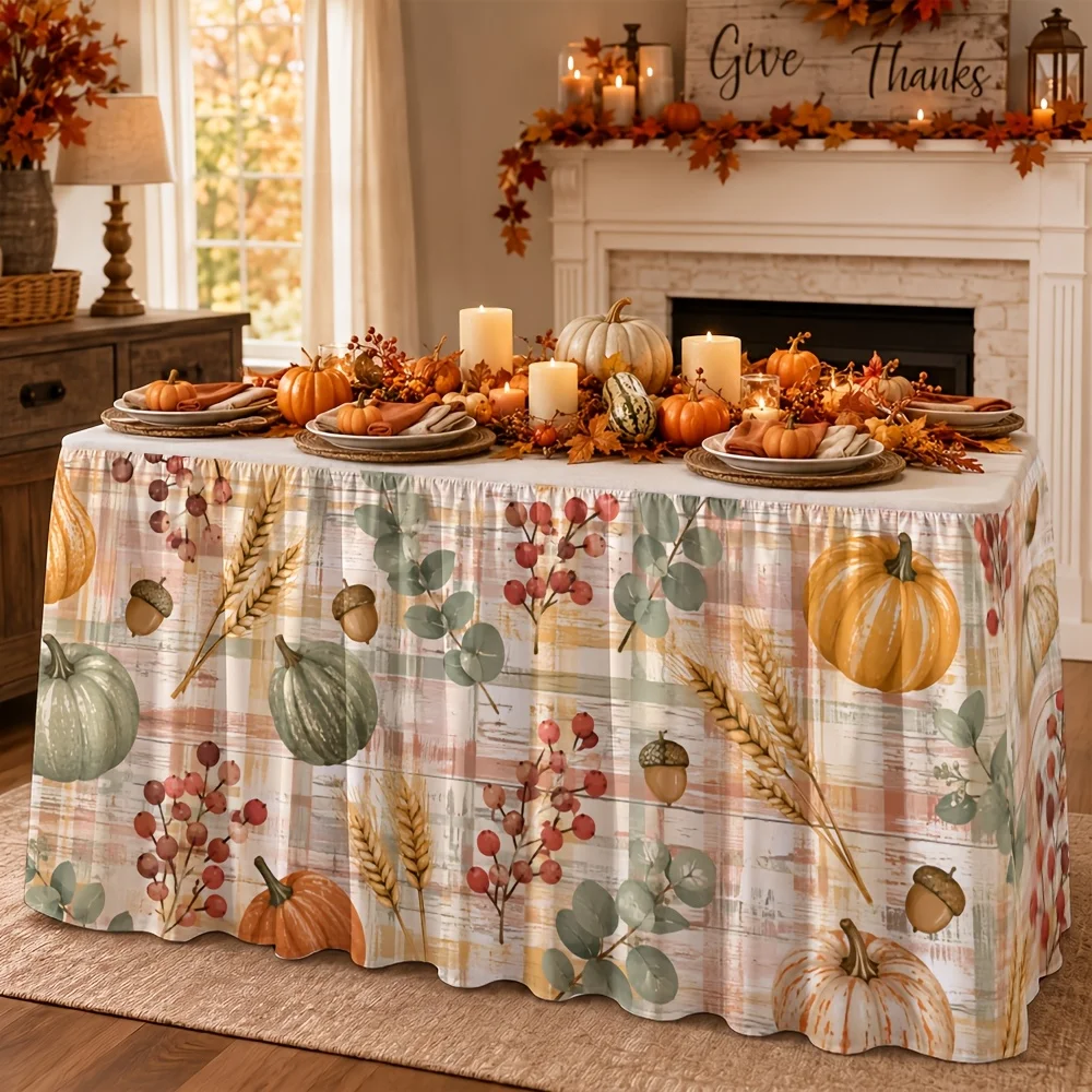 1 piece Fall Thanksgiving plaid pumpkin chestnut eucalyptus tree wheat fruit print polyester table skirt