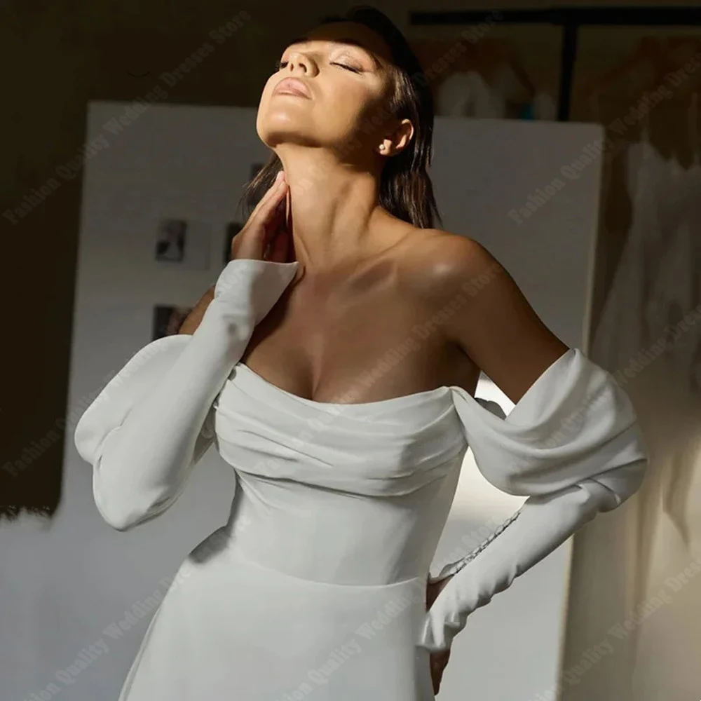 

Elegant Satin Women Wedding Dresses Sexy Off Shoulder A-Line Bridal Gowns Mopping Length Princess Vestidos De Novias Customized