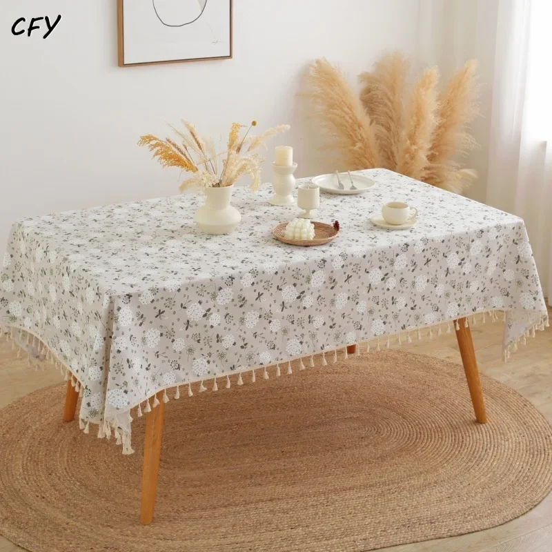 

Cotton Linen White Dandelion with Tassel Rectangular Table Cloth Kitchen Tablecloth for Table Wedding Decor Coffee Table Cover