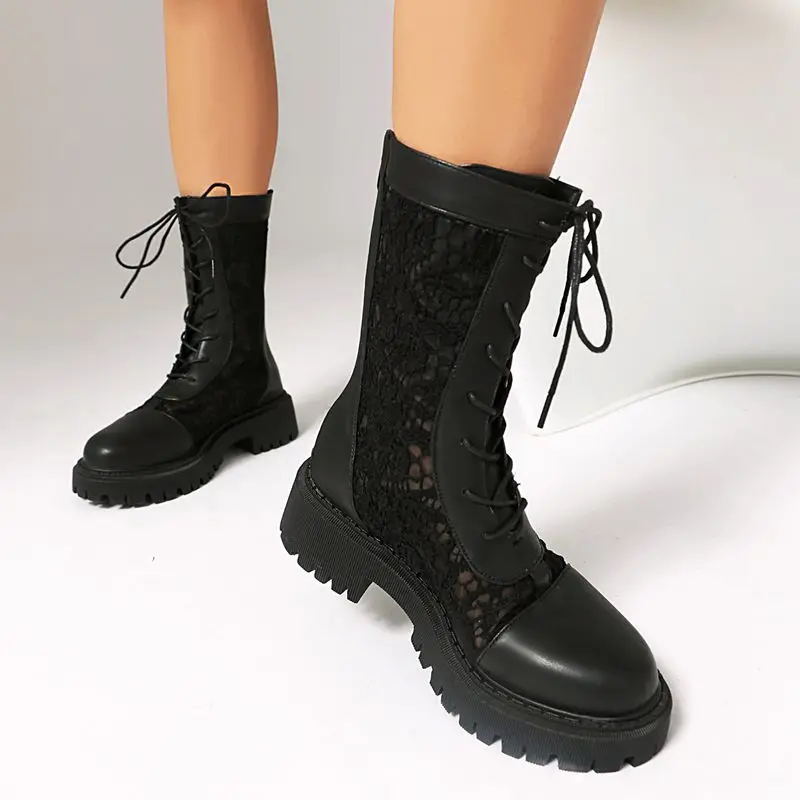 ORCHA LISA Design Female Summer Boots Zipper Lace Up Breathable Mesh Plus Size 44 45 Round Toe Thick Heel 4.5cm Platform White