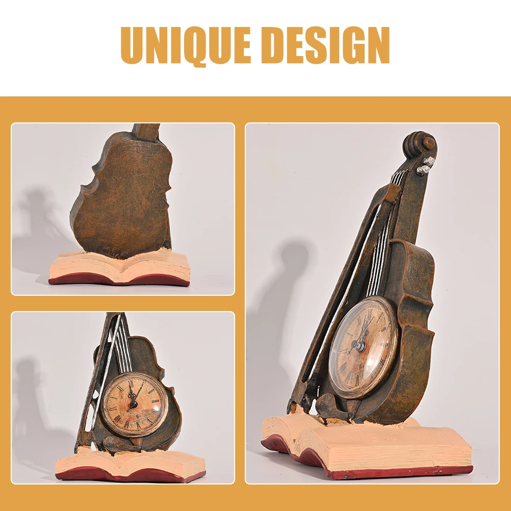 

Decorative Violin Craft Resin Vintage Desk Clock Decor Indoor Desktop Ornament Violin Shape Adornment Retro Home Decor