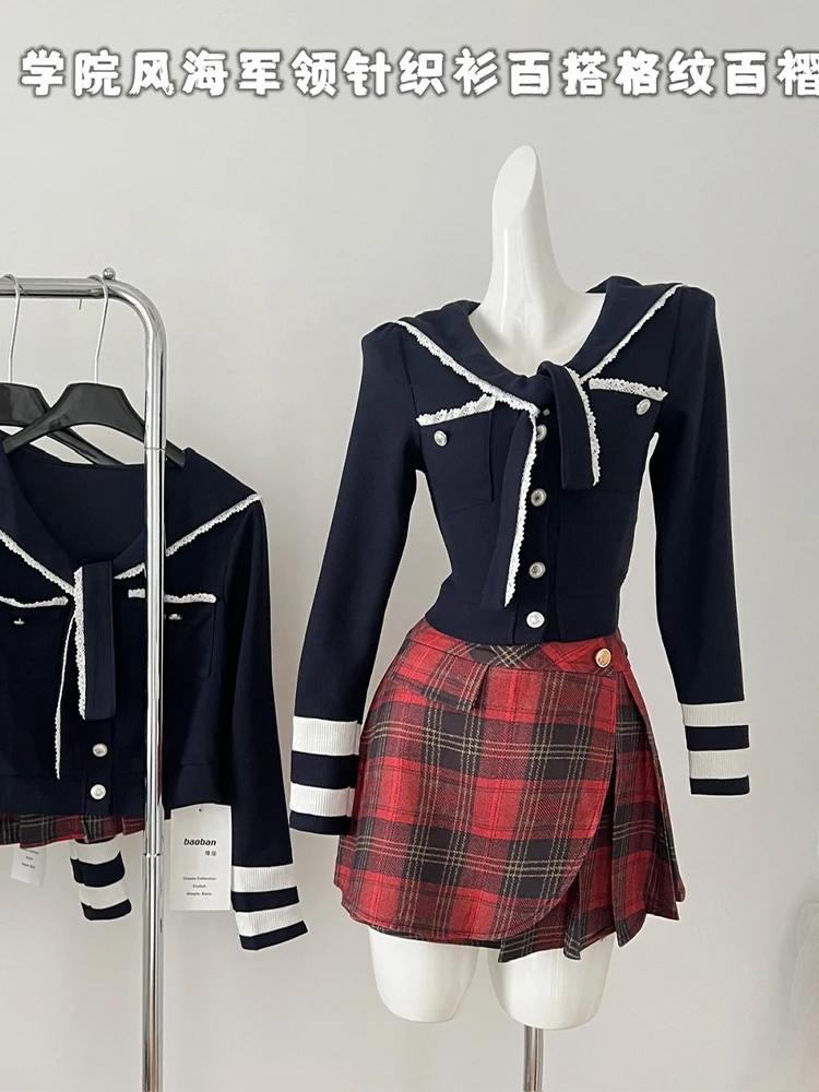 

Autumn Women Korean Vintage 2000s Aesthetic Outfits 2 Piece Set Long Sleeve Sailor Collar Cardigan Sweater + Mini Plaid Skirts