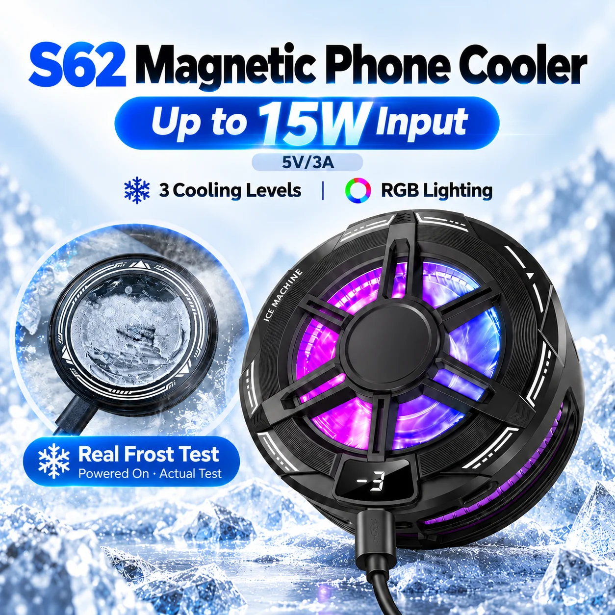 S62 Semiconductor Phone Cooler 5V/3A Fast Cooling Magnetic & Clip 2-in-1 3 Level Digital Display With RGB for Gaming Live Stream