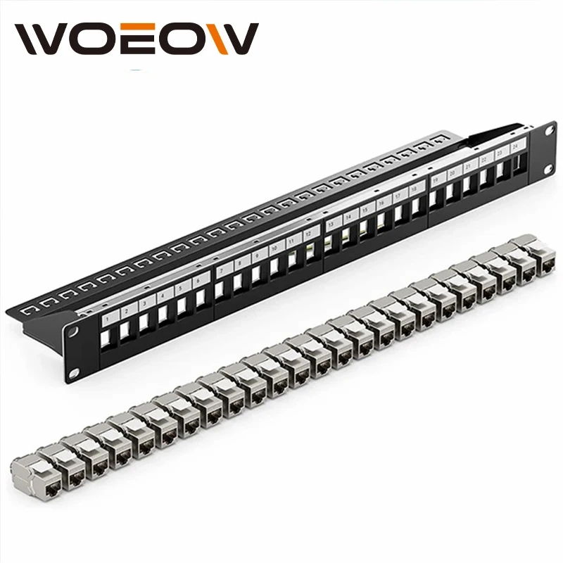 WoeoW Rackmount or Wall Mount 1U 24 Port Keystone Patch Panel with Cable Management and Support Bar for Keystone Jacks