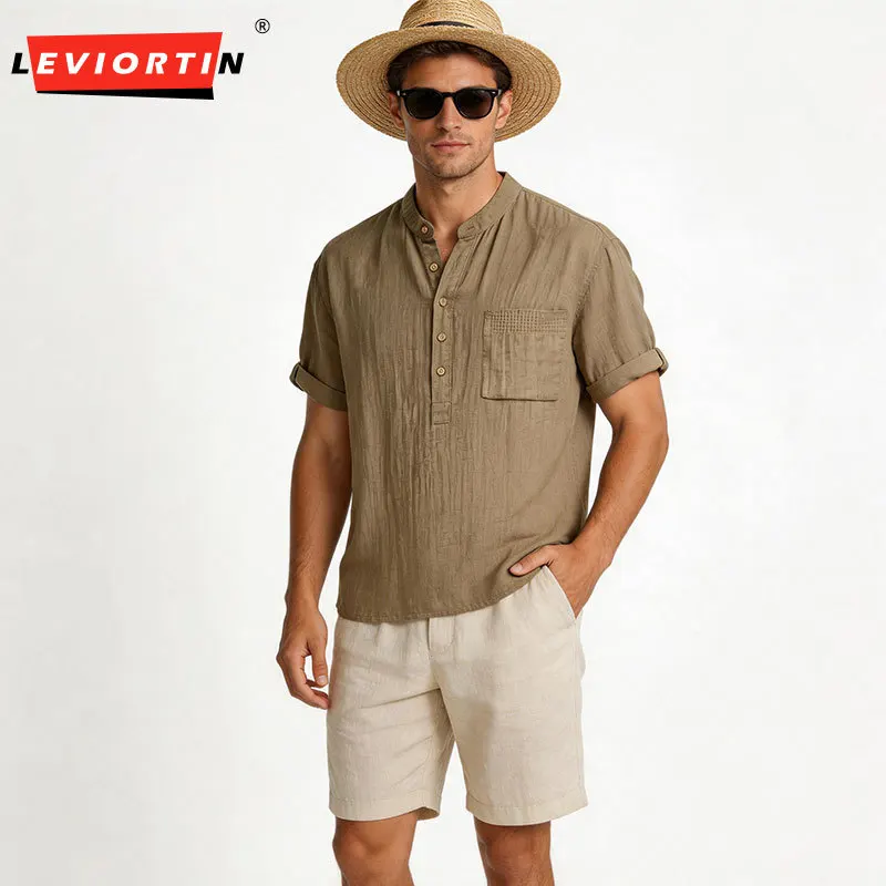 

Men's Linen Short Sleeve Henley Shirt Minimalist Half Placket Pullover Tops Loose Casual Drop Shoulder Breathable Summer Shirts