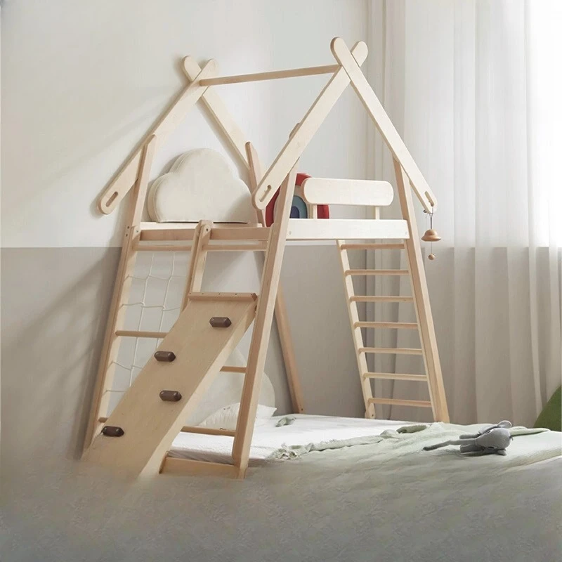 

Wind lathe pull-out bed climbing frame Montessori floor bed slide boys and girls solid wood children's bed 1.5 meters