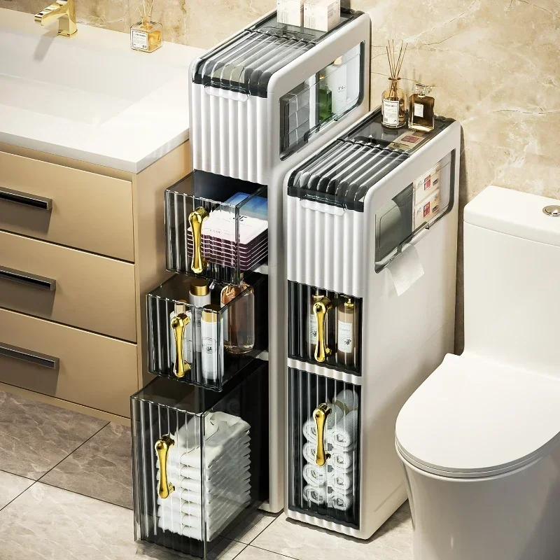 Light Luxury Plastic Bathroom Storage Rack: Narrow Cabinet Floor Type Mobile Trolley Sink Storage Cabinet Efficient Organization