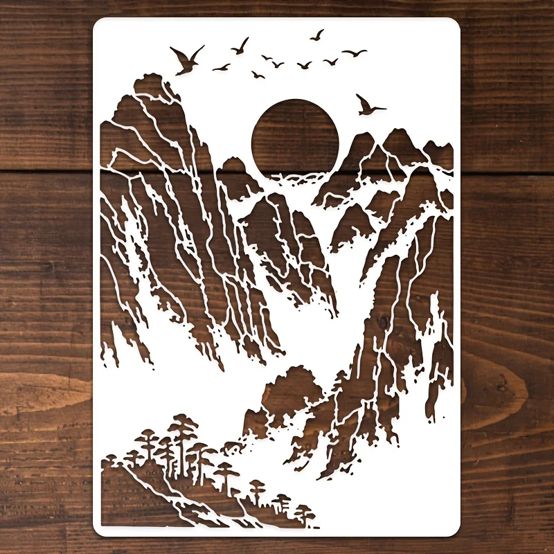 A4 29 * 21 cm Landschaftsszene DIY-Schablonen Wandmalerei Scrapbook Färbung Prägung Album Dekorative Papierkarten-Vorlage, Wand