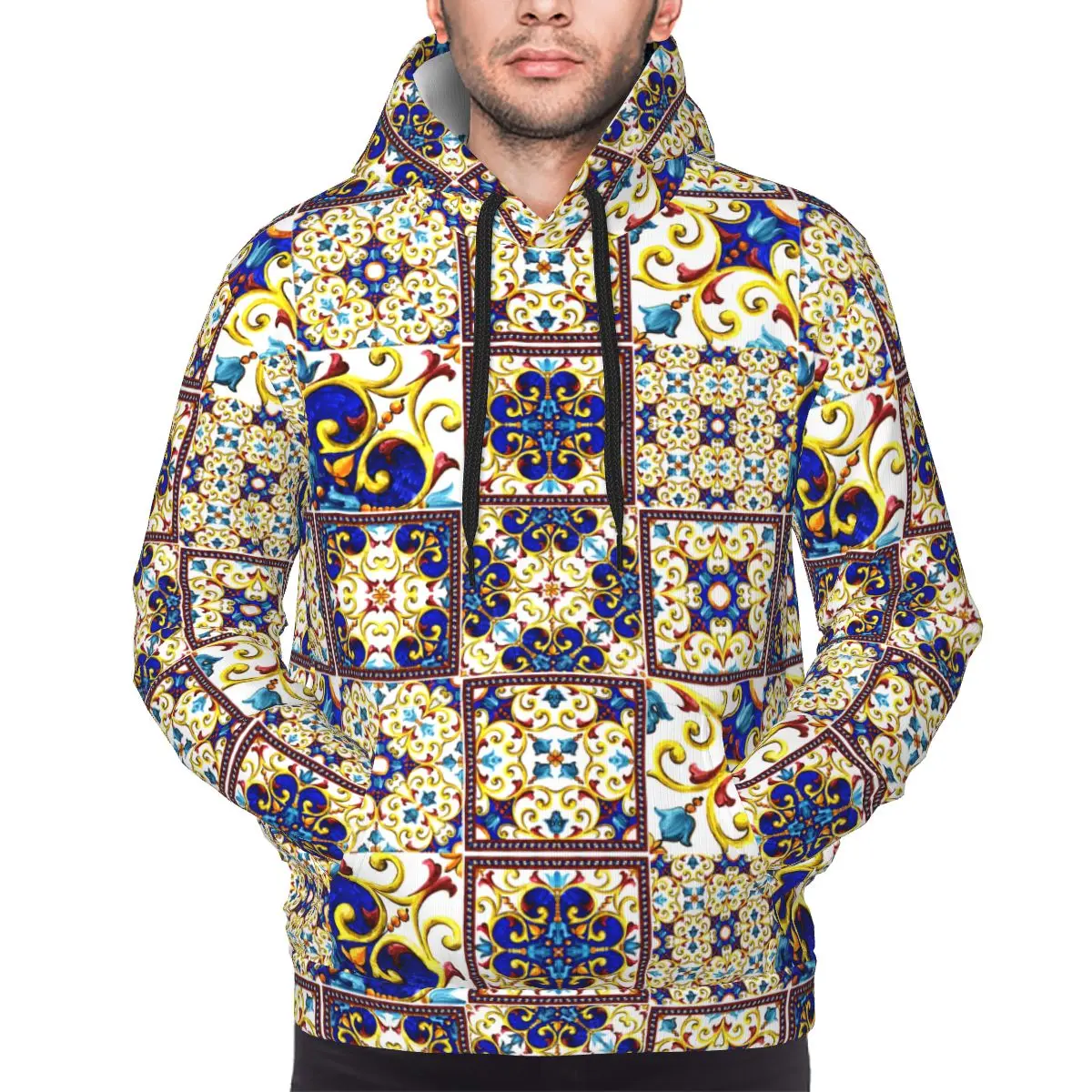 Unisex Southwest Mexican Tile Art Hoodies With Pocket Fashion Talavera Boho Art Tiles Long Sleeve Sweatshirts