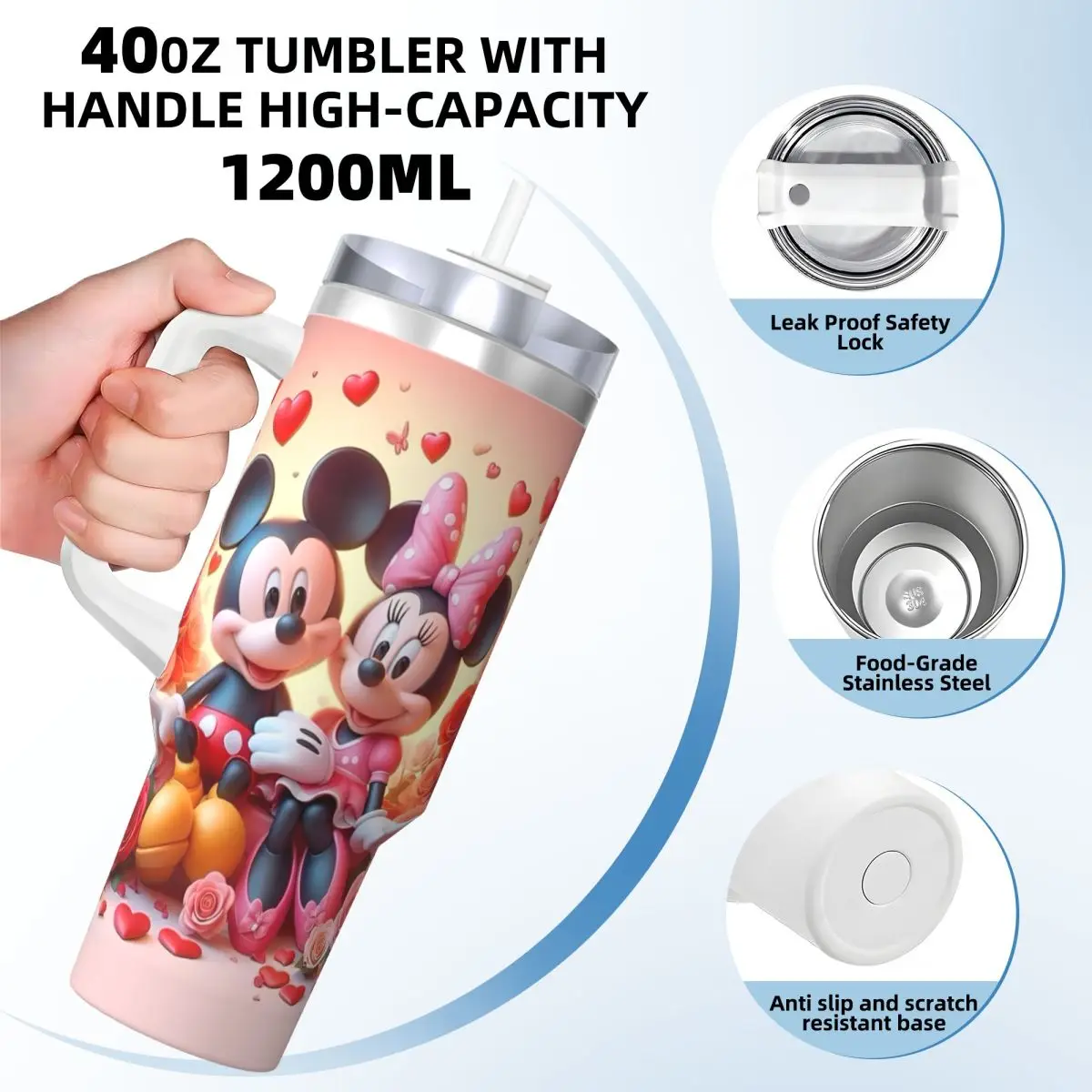 Mickey Mouse Love Stainless Steel Tumbler Travelist Coffee Mug With Straws and Lid Large Car Mugs Cold Drink Water Bottle