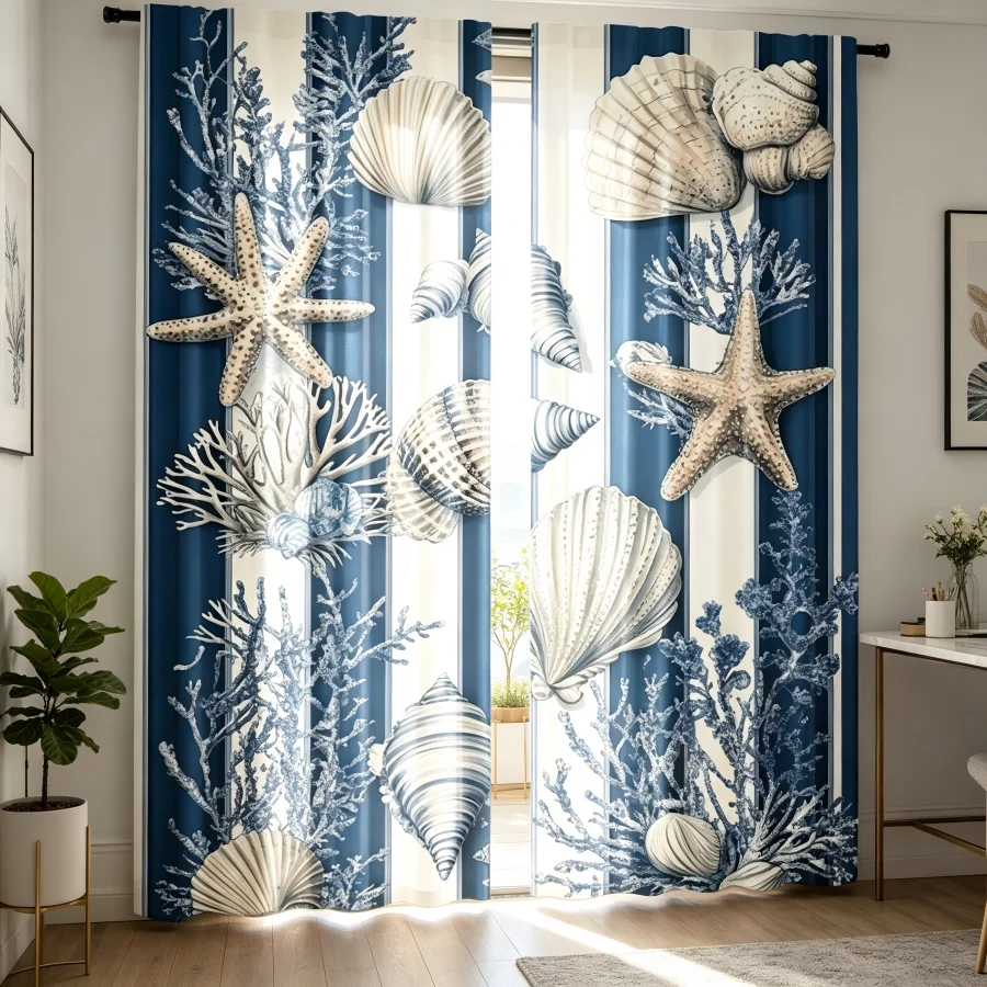 2PCS Digital Print  Curtain, Vertical Stripes Seashell, Cute Cartoon Pattern  Curtain for Kids Room Bedroom Decor